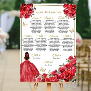 Seating Chart Quinceañera, Sweet 16, Red Rose Floral Gold, EDITABLE Template, Table Plan Princess XV , Find your seat Sign Digital, Download