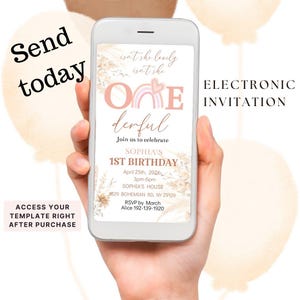 Boho Girl First Birthday Electronic Invitation, Onederful Digital Evite, Pampas Modern Rainbow 1st Editable Template, Text Message, Download