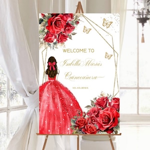Editable Welcome Sign, Bright Red Roses, Quinceañera Princess 15 Gold, Mis XV, Sweet 16 Guest Poster Template, Signage Printable, Download