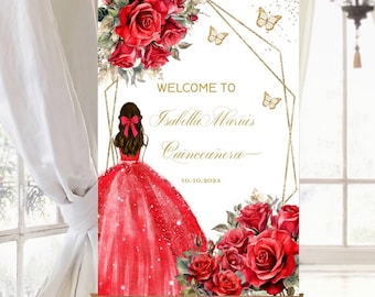 Quinceañera Bienvenido Signo Rosas Rojas, Mis XV, Plantilla Digital Cartel Invitado