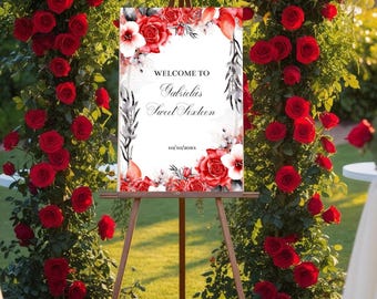 Letrero de bienvenida floral rojo, plantilla editable (descarga digital)