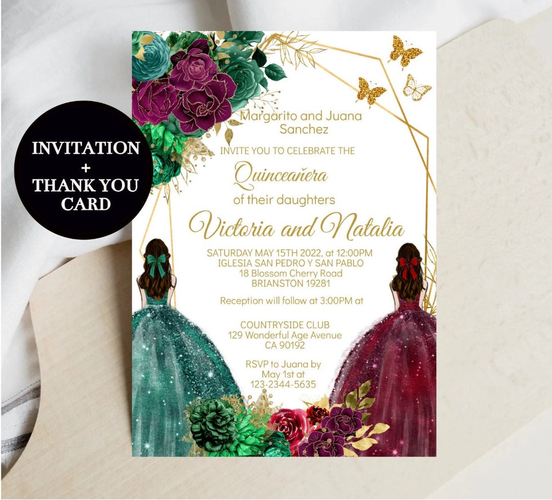 Twins Quinceañera Invitation, Mis XV Quince Anos, DIY Editable Template