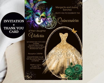 Gold Masquerade Ball Party Invitation, DIY Editable Template, Digital Invite Mis XV Quince, Quinceanera Birthday,15th Princess, Download