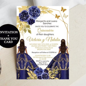Twins Quinceañera Invitation, Charro Navy Blue, XV Party, Princess Butterfly DIY Editable Template, Digital Invite Mis Quince Años, Scarica