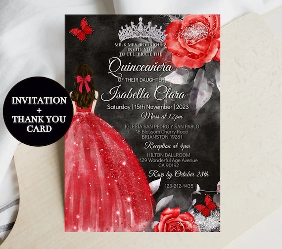 Quinceanera Invitation Editable Template Red Black Silver Etsy India