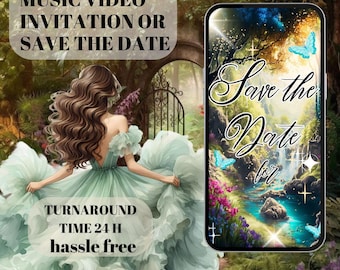 Custom Text Video Save the Date Quinceañera Enchanted Garden, Magic Forest Digital Animated Music Invitation, Sweet 16, Phone, Mis XV Quince