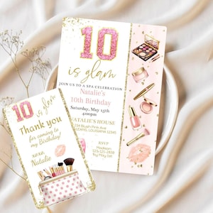 Glam Party Girl 10. Geburtstag Einladung, Makeup Spa Party einladen, Geschenkanhänger, bearbeitbare Vorlage Digital druckbare Karte, Pink Gold, Download