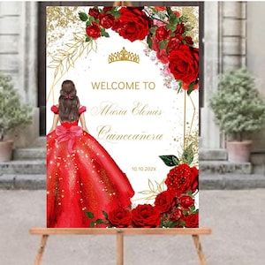 Cartel de bienvenida para quinceañera, póster para invitados de la quinceañera con corona de oro rosa rojo brillante, plantilla editable imprimible, para dulces 16 y 15 años, descarga