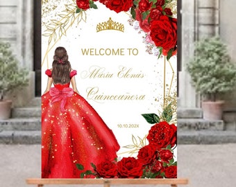 Quinceañera Welcome Sign, Bright Red Rose Gold Crown Mis XV Guests Poster, DIY Editable Template Printable, Sweet 16 15 Birthday, Download