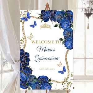 Modello modificabile fai da te Quinceañera Segno di benvenuto Royal Blue Floral Gold Butterfly Mis Quince Años, Sweet 16, Guest Signage stampabile, Scarica