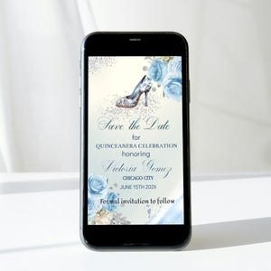 Electronic Save the Date Baby Blue Silver, Princess Shoe Fairytale Sweet 16, Quinceañera Editable Template, Mobile Phone Text message Mis XV