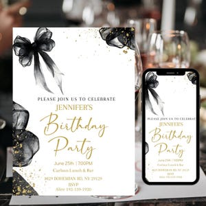 Schwarzer Bogen-Geburtstags-Einladungsvorlage, bearbeitbare minimalistische Bday-Einladung, jedes Alter schwarzes Band Kokette 30.40.50., schicke elegante Party