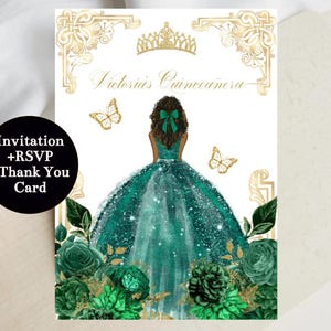 Emerald Green Quinceañera Invitation, Gold Flowers, Butterfly (Digital Download)