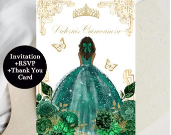 Emerald Green Quinceañera Invitation, Gold Flowers, Butterfly (Digital Download)