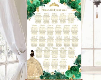 Smaragdgrün Quinceaña Sitzplan, Floral Gold Princess (EDITIERBARE Digital Download)