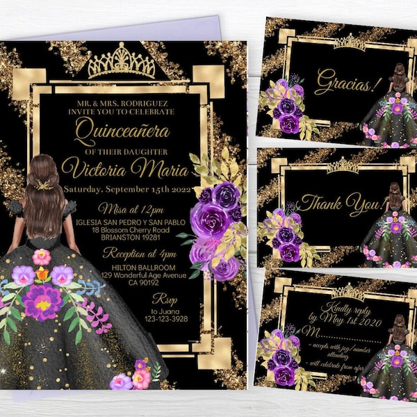 Elegant Set Quinceañera Invitation, Editable Template Black Purple Gold Floral, Mis Quince Años  Charra Princess, Digital Invite Download
