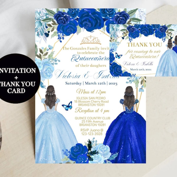 Twins Quinceañera Invitation, Royal Blue Light Floral 16th Birthday 15th Princess, DIY Editable Template Digital, Sweet 16, Mis XV, Download