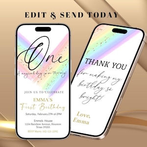 Invitación electrónica de primer cumpleaños de niña con arcoíris pastel, plantilla editable para fiesta de primer cumpleaños, mensaje de texto electrónico digital para teléfono móvil, descarga