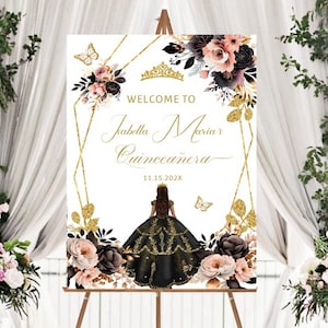 Welcome Sign Quinceañera, Editable Template, Pink Gold Floral, Princess Black Dress, Tiara Butterfly Mis XV Guest Poster Printable, Download