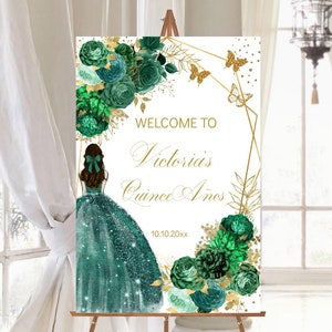 Editable Template Quinceañera Welcome Sign Emerald Green Floral Gold Butterfly Mis Quince Años, Sweet 16,Guest Signage Printable, Download
