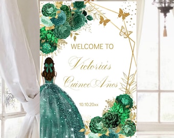 Emerald Green Quinceañera Welcome Sign: Floral Gold Butterfly (Download)
