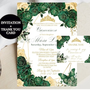 Quinceañera Invitation Emerald Green Gold Floral, Editable Template, Butterfly, Digital Printable, Mis Quince XV, Sweet 16, Instant Download