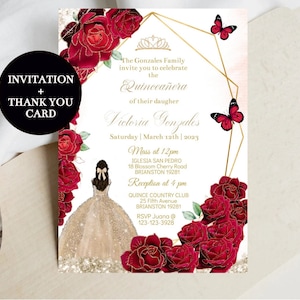 Quinceañera invito fai da te modificabile, floreale rosso Champagne Princess Card 15th, Tiara Butterfly Mis XV Quince, Sweet 16, stampabile, Scarica