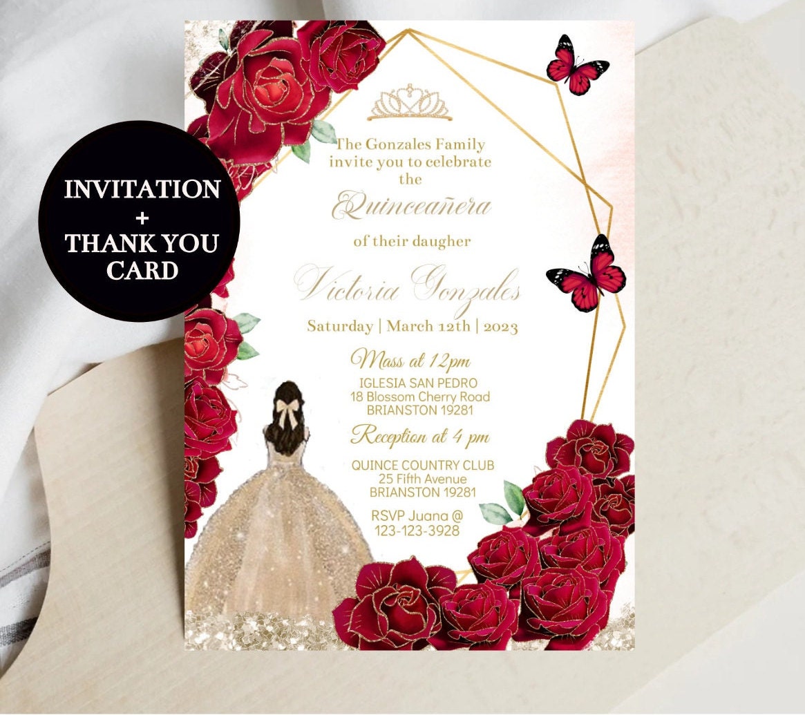 Invitación de Quinceañera DIY Editable, Floral Red Champagne Princess Card  15th, Tiara Butterfly Mis XV Quince, Sweet 16, Imprimible, Descargar - Etsy  México, image size:1165x1035