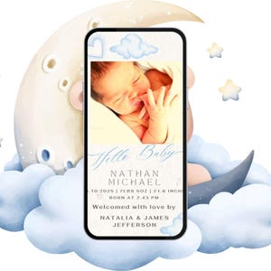 Video neonato da riprodurre, Annuncio di nascita neonato, Ciao bambino, Messaggio di testo digitale sul cellulare, Cuore blu, Nuovo bambino, WhatsApp