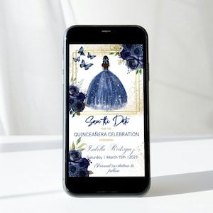 Navy Blue Electronic Save the Date Sweet 16, modello modificabile fai da te Quinceañera, messaggio di testo per cellulare, Digital Mis XV, download immediato