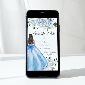 Electronic Save the Date Quinceañera, Sweet 16, Editable Template, Light Blue Floral, DIY Text Message Mobile Phone Mis XV, Instant Download