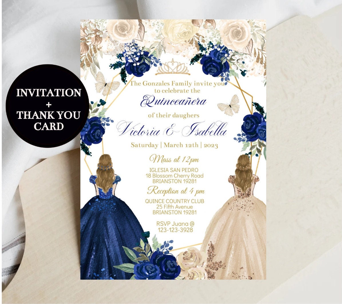 Gold and Blue Glitter Quinceanera Invitations, Blue Quinceañera Invitations,  Quinceañera Crown Invitations, Printable Quince Invitations 