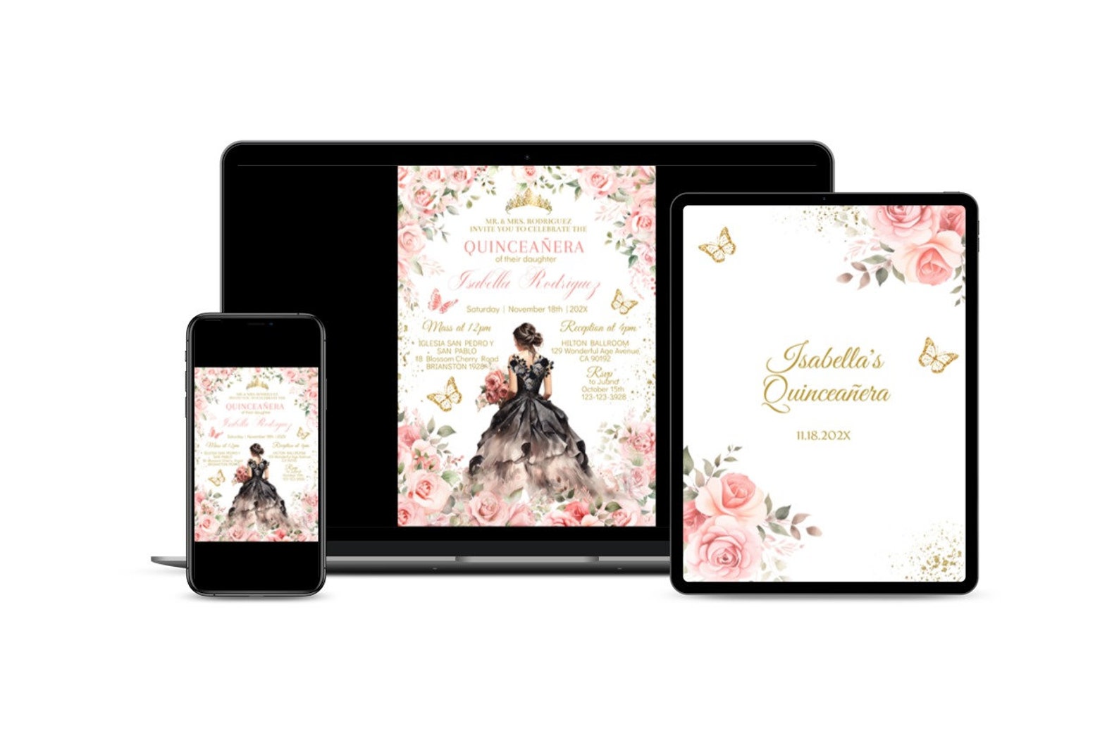 Blush Pink Floral Quinceañera Invitation Editable Template Princess ...