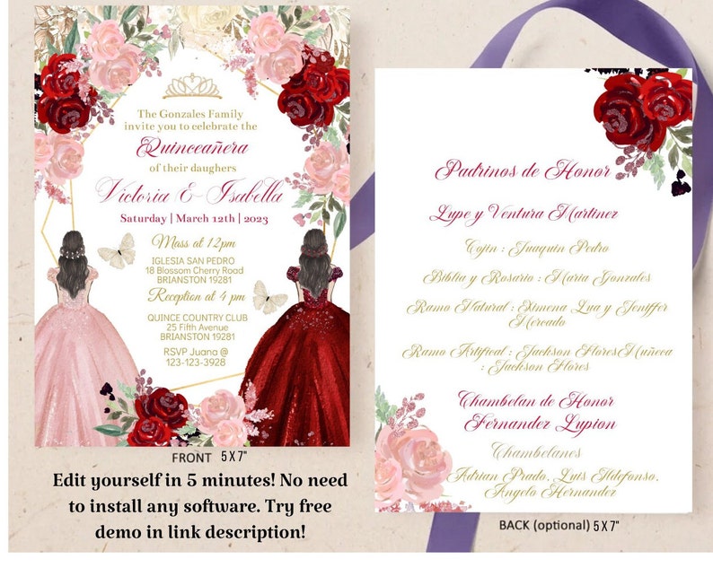 Twins Quinceañera Invitation Red Wine Blush Pink Princess Etsy