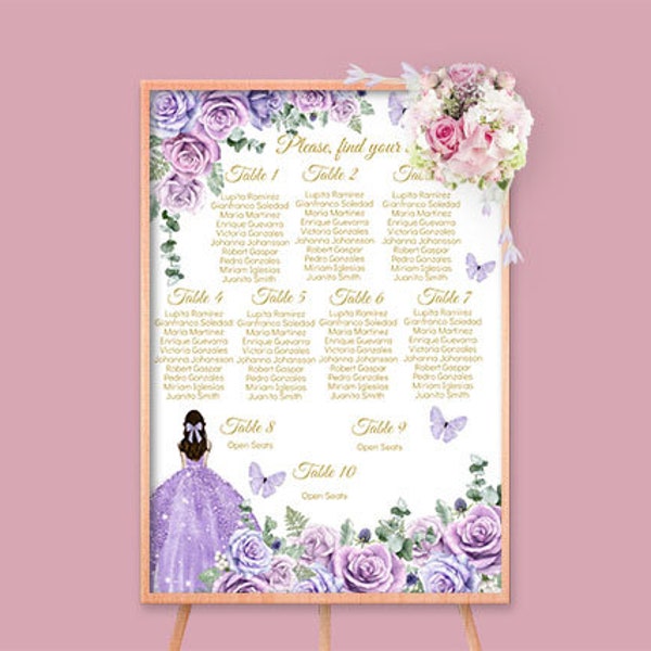 DIY EDITABLE Seating Chart Quinceañera, Mis XV Quince Table Plan Princess Purple Gold Floral, Find your seat Sign Printable Instant Download