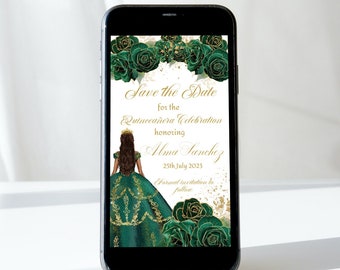 May include: A green and gold save the date card for a Quinceañera celebration. The card features a digital illustration of a young woman in a green gown with gold accents, standing in front of a floral arrangement. The text on the card reads "Save the Date for the Quinceañera Celebration honoring Alma Sanchez 25th July 2023 Formal invitation to follow."