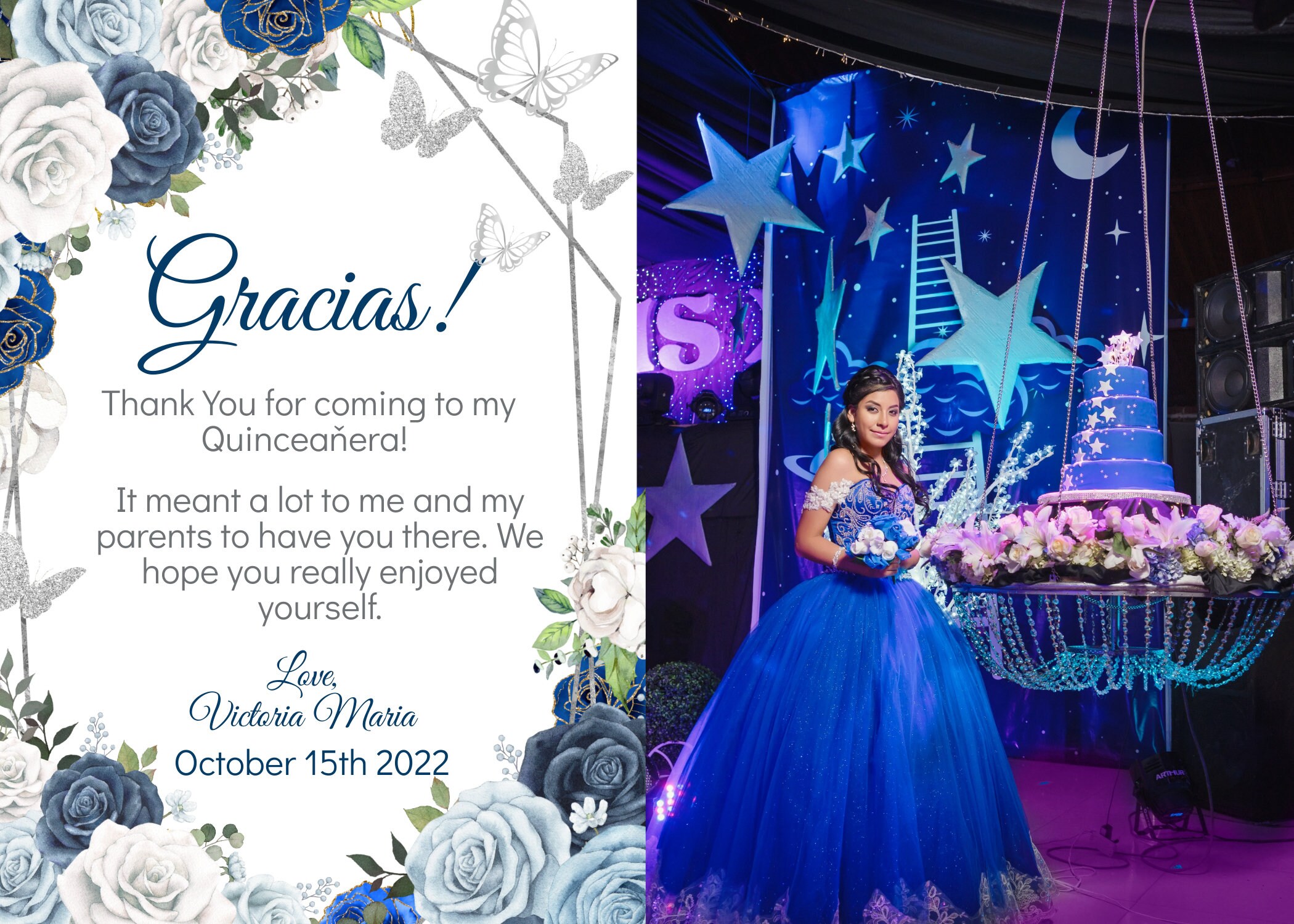 Quinceañera Thank You Card With Photo Royal Blue Silver Etsy Canada