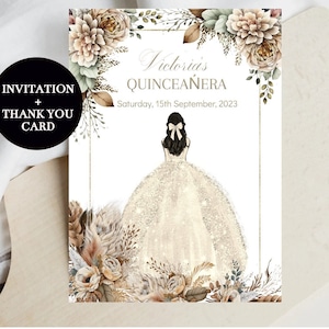 Boho Quinceañera uitnodiging, beige bloemen DIY bewerkbare sjabloon digitale afdrukbare uitnodigen, Mis XV kweepeer prinses, Sweet 16, Instant Download