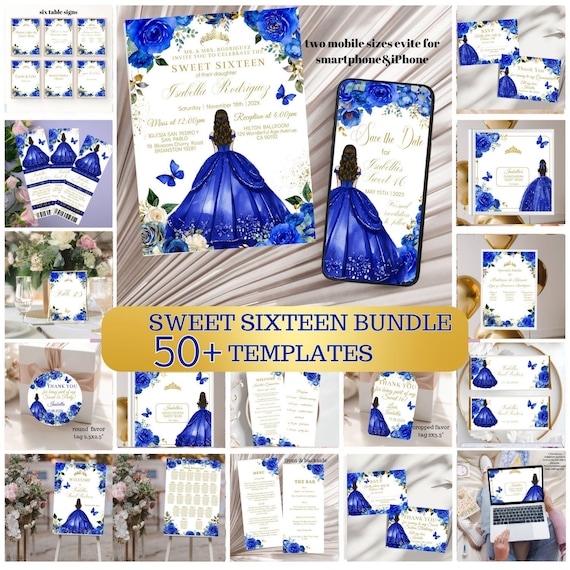 Royal Blue Gold Sweet 16 Invitation Bundle, Editable Template