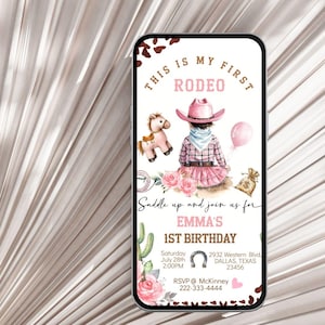 Convite para festa de aniversário da minha primeira garota de rodeio, modelo editável, convite rosa para a primeira festa do faroeste da Little Cowgirl, cartão eletrônico de texto para celular do Velho Oeste