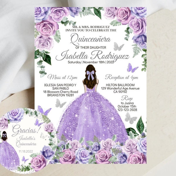 Quinceañera Uitnodiging Bewerkbaar Sjabloon, Paars Zilveren Roos, Prinses Tiara en Vlinder, Mis XV Quince Años, Favor Tags Digitale Download