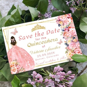 編集可能なSave the Date Quinceañera、ピンクゴールドの花柄、Sweet 16、Mis XV、蝶、ティアラ、DIY編集可能テンプレート、デジタル印刷可能、ダウンロード