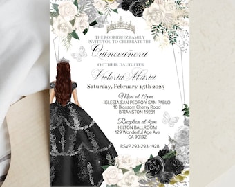 Quinceañera Invitation Black White Silver Floral, Editable Template, Princess Butterfly Mis XV Quince Anos, Sweet 16 Digital Invite Download