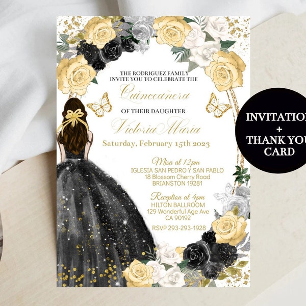 Quinceañera Invitation Editable Template, Black Gold Floral, Butterfly Princess Digital Invite Mis Quince Anos, Sweet Sixteen 16 Download