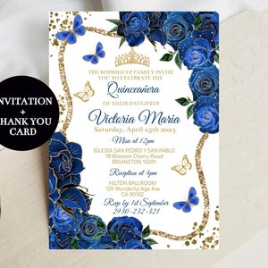 Royal Blue Gold Roses Quinceañera Uitnodiging, DIY Bewerkbaar Sjabloon, Butterfly Digital Invite Mis XV Quince, 15e meisje, Sweet 16, Download