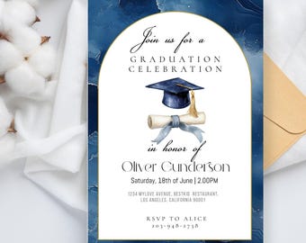 May include: A graduation celebration invitation with a navy blue and gold design. The invitation features a mortarboard, diploma, and the text "Join us for a Graduation Celebration" and "in honor of Oliver Gunderson."