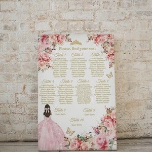 Seating Chart Quinceañera, Pink Gold Floral, DIY EDITABLE Template XV Table Plan, Mis 15 Princess 16, Find your seat Sign Digital, Download