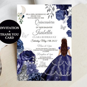 Quinceañera Invitation Navy Blue Rose Silver, DIY Editable Template Princess Butterfly, Girl 15th Birthday Quince, Digital Invites, Download