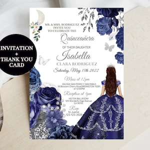 Quinceañera Invitation Navy Blue Rose Silver, DIY Editable Template Princess Butterfly, Girl 15th Birthday Quince, Digital Invites, Download