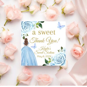 Etichetta regalo di ringraziamento stampabile Quinceanera, azzurro. Modello modificabile, bomboniera di ringraziamento personalizzata digitale, Sweet 16, Mis XV, biglietto di allegato